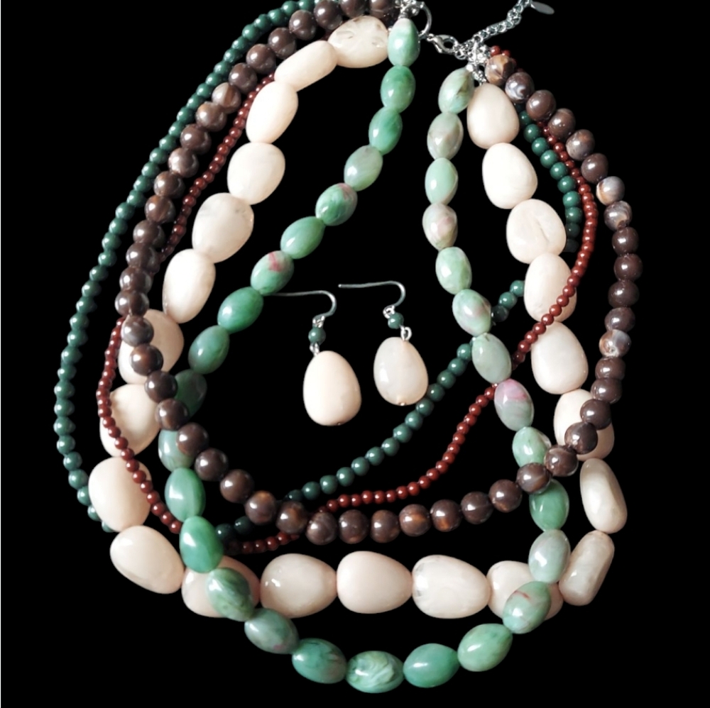 S303 EsMon Layered Semi Precious Stone Beaded Necklace and Earring Set